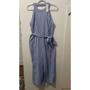 OC Order Plus Linen Romper Large Wide Leg Pantsuit  Blue Striped Beach Coastal